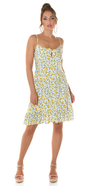 Trendy zomer mini jurkje met bloemen-print geel